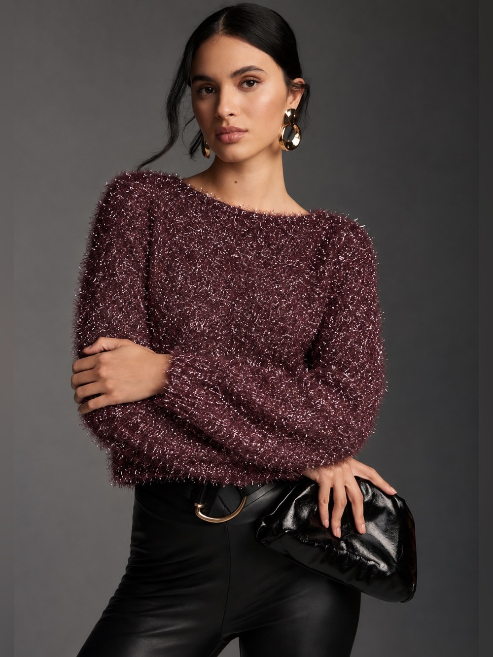 NWT Current Air Fuzzy Lurex Metallic Bell Sleeve Boxy Sweater Plum Sz M